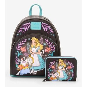 NEW! Loungefly Disney Alice In Wonderland Winter Drawing Backpack‎ & Wallet Set